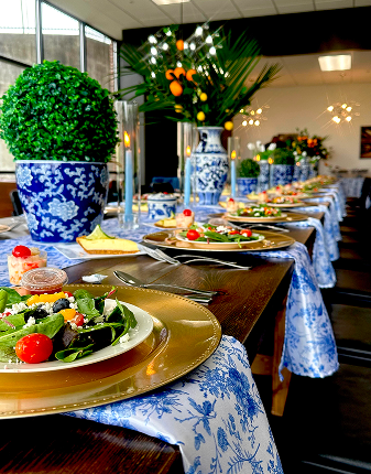 beautiful salad plates line a private dinner table
